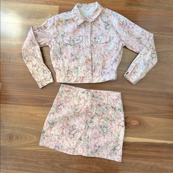 Topshop pink floral denim coordinating denim jean skirt jacket set - Picture 8 of 13